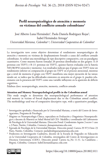 Perfil neuropsicológico de atención y memoria en víctimas del conflicto armado colombiano