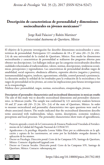 Descripción de características de personalidad y dimensiones socioculturales en jóvenes mexicanos