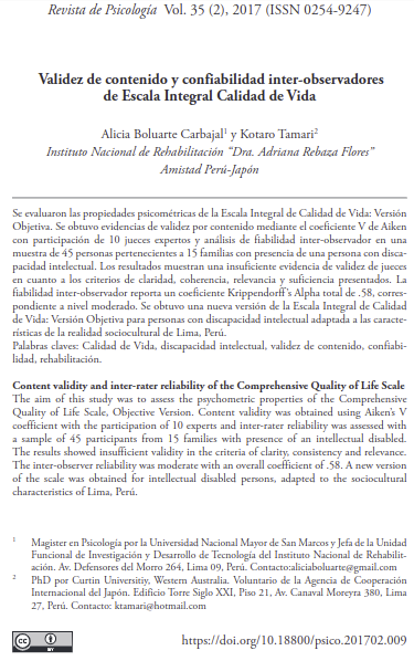 Validez de contenido y confiabilidad inter-observadores de Escala Integral Calidad de Vida