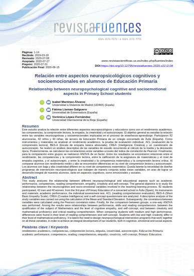 Relación entre aspectos neuropsicológicos cognitivos y socioemocionales en alumnos de Educación Primaria