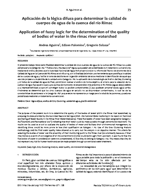 Aplicación de la lógica difusa para determinar la calidad de cuerpos de agua de la cuenca del río Rímac