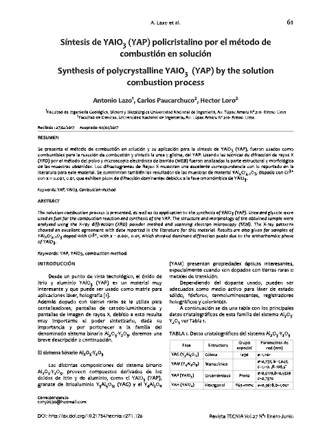 Síntesis de YAIO 3 (YAP) policristalino por el método de combustión en solución