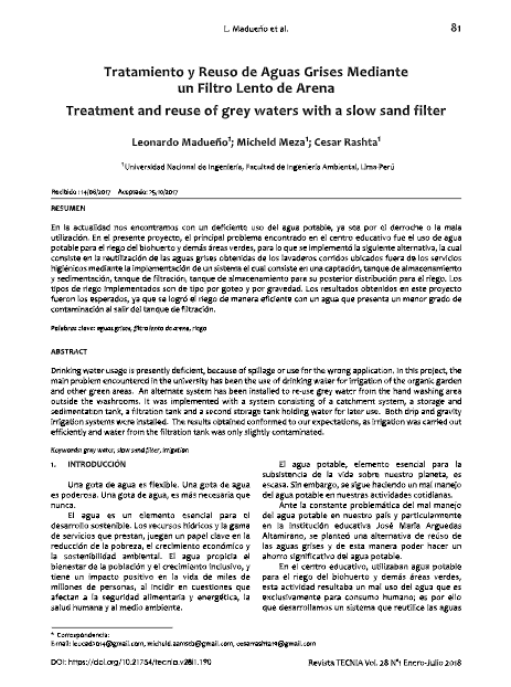 Tratamiento y reuso de aguas grises mediante un filtro lento de arena