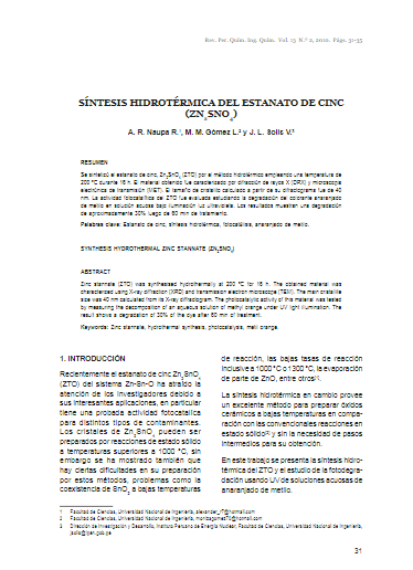 SÍNTESIS HIDROTÉRMICA DEL ESTANATO DE CINC (ZN2SNO4)