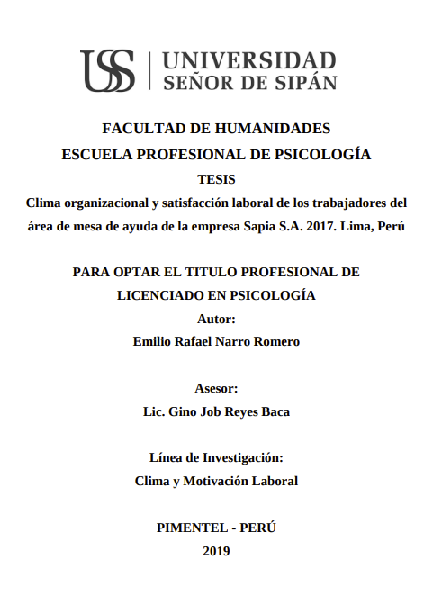 Clima organizacional y satisfacción laboral de los trabajadores del área de mesa de ayuda de la empresa Sapia S.A.