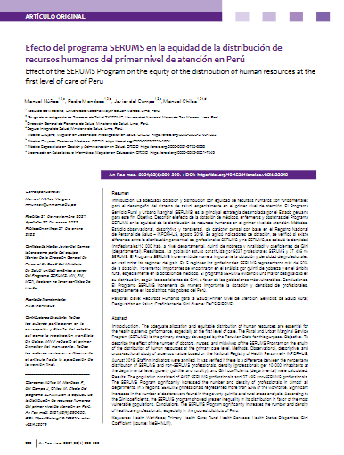 Efecto del programa SERUMS en la equidad de la distribución de recursos humanos del primer nivel de atención en Perú