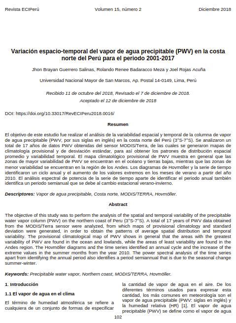 Variación espacio-temporal del vapor de agua precipitable (PWV) en la costa norte del Perú para el periodo 2001-2017