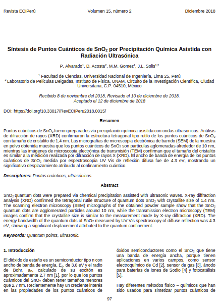 Síntesis de Puntos Cuánticos de SnO2 por Precipitación Química Asistida con Radiación Ultrasónica