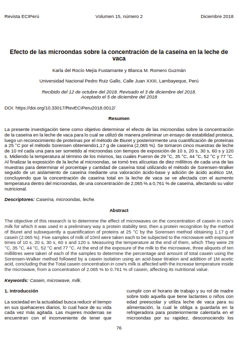 Efecto de las microondas sobre la concentración de la caseína en la leche de vaca