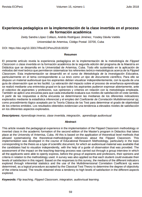 Experiencia pedagógica en la implementación de la clase invertida en el proceso de formación académica