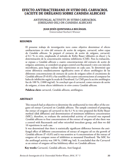 Efecto antibacteriano in vitro del carvacrol (aceite de orégano) sobre candida albicans