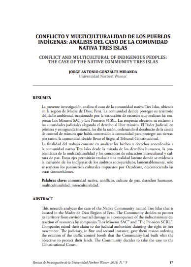 Conflicto y multiculturalidad de los pueblos indígenas: análisis del caso de la Comunidad Nativa Tres Islas