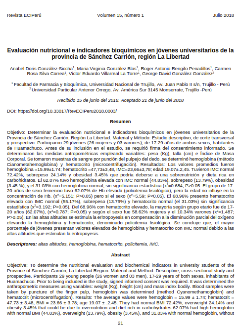 Evaluación nutricional e indicadores bioquimicos en jóvenes universitarios de la provincia de Sánchez Carrión