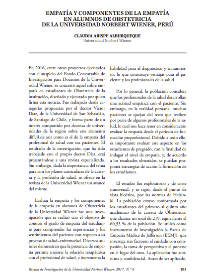 Empatía y componentes de la empatía en alumnos de obstetricia de la Universidad Norbert Wiener, Perú