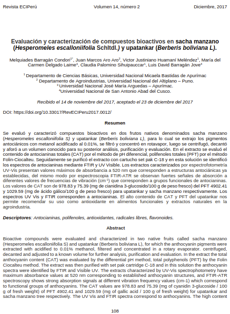 Evaluación y caracterización de compuestos bioactivos en sacha manzano y upatankar