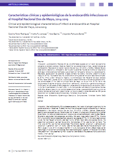 Características clínicas y epidemiológicas de la endocarditis infecciosa en el Hospital Nacional Dos de Mayo, 2014-2019