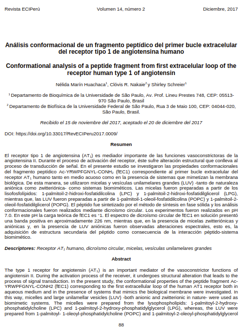 Análisis conformacional de un fragmento peptídico del primer bucle extracelular del receptor tipo 1 de angiotensina humano