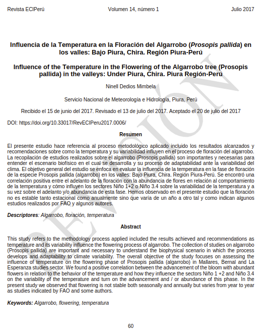 Influencia de la Temperatura en la Floración del Algarrobo (Prosopis pallida) en los valles: Bajo Piura, Chira. Región Piura-Perú