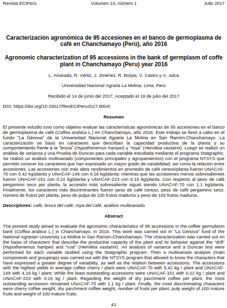 Caracterización agronómica de 95 accesiones en el banco de germoplasma de café en Chanchamayo (Perú), año 2016