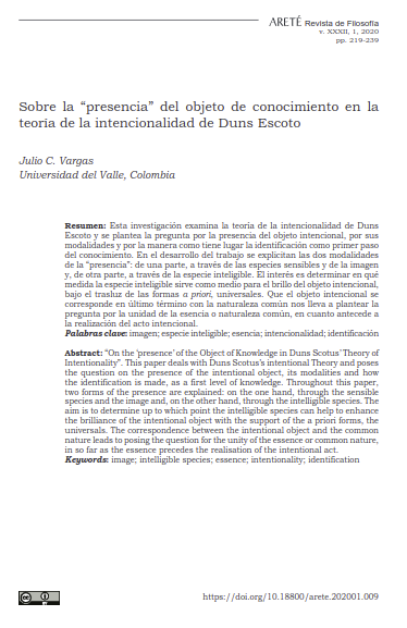 Sobre la &quot;presencia&quot; del objeto de conocimiento en la teoría de la intencionalidad de Duns Escoto