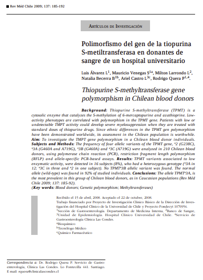 Polimorfismo del gen de la tiopurina S-metiltransferasa en donantes de sangre de un hospital universitario