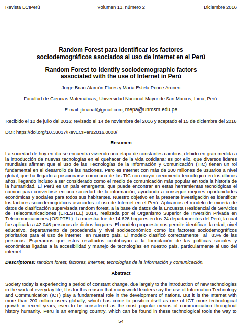 Random Forest para identificar los factores sociodemográficos asociados al uso de Internet en el Perú