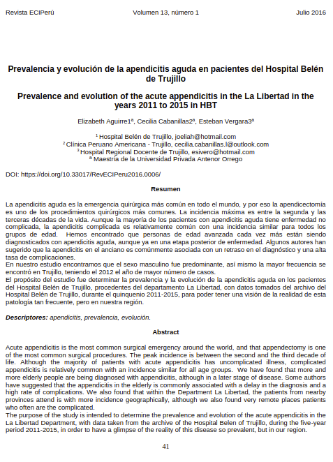 Prevalencia y evolución de la apendicitis aguda en pacientes del Hospital Belén de Trujillo