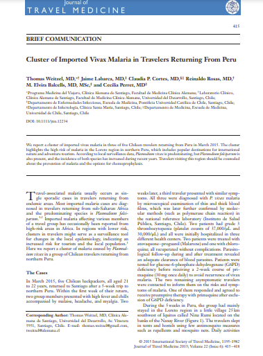 Cluster of Imported Vivax Malaria in Travelers Returning From Peru
