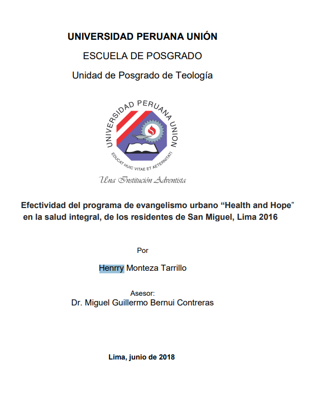 Efectividad del programa de evangelismo urbano &quot;Health and Hope&quot; en la salud integra