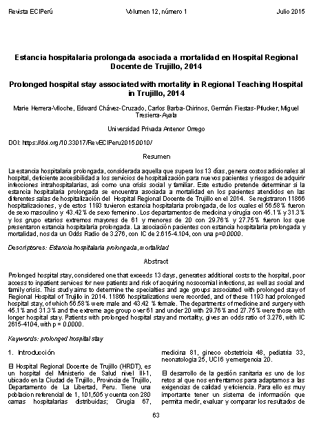 Estancia hospitalaria prolongada asociada a mortalidad en Hospital Regional Docente de Trujillo, 2014