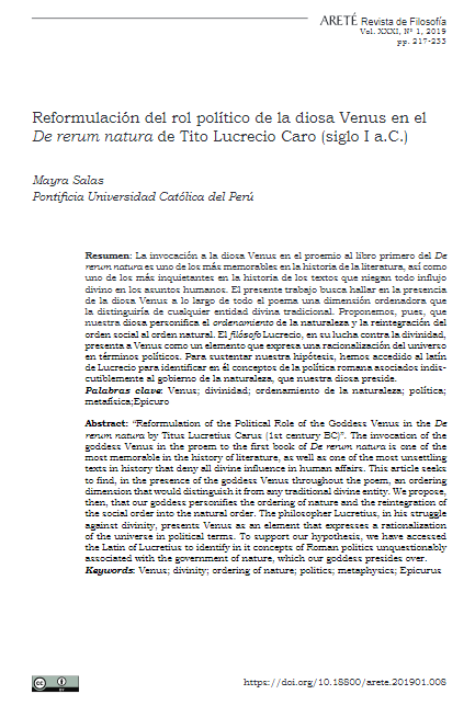 Reformulación del rol político de la diosa Venus en el De rerum natura de Tito Lucrecio Caro (siglo I a.C.)