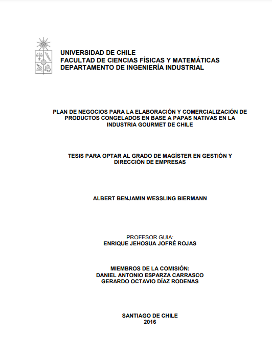 Plan de negocios para la elaboración y comercialización de productos congelados en base a papas nativas en la industria Gourmet de Chile