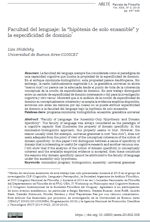 Facultad del lenguaje: la &quot;hipótesis de solo ensamble&quot; y la especificidad de dominio