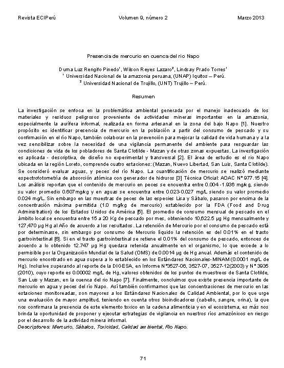 Presencia de mercurio en cuenca del rio Napo