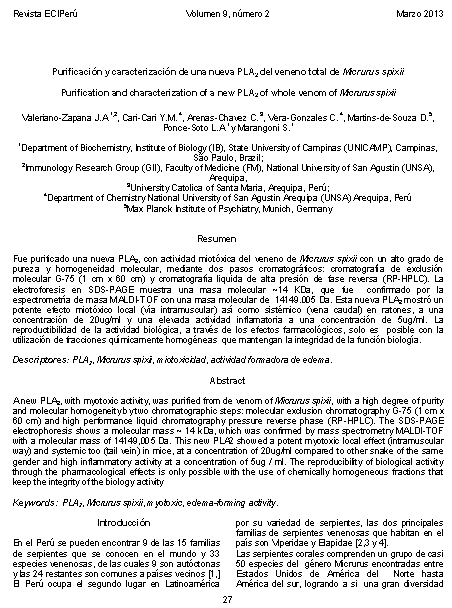 Purificación y caracterización de una nueva PLA2 del veneno total de Micrurus spixii
