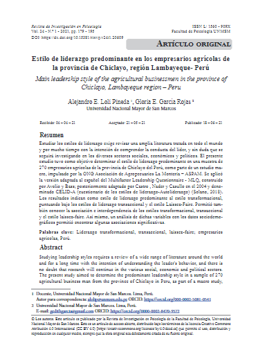 Estilo de liderazgo predominante en los empresarios agrícolas de la provincia de Chiclayo, región Lambayeque- Perú