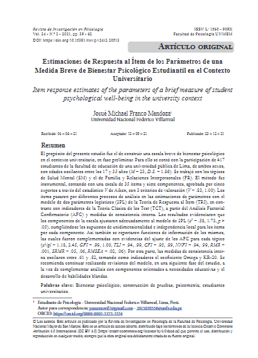 Estimaciones de Respuesta al Ítem de los Parámetros de una Medida Breve de Bienestar Psicológico Estudiantil