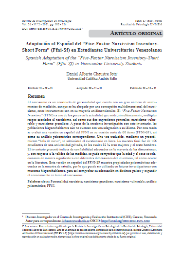 Adaptación al Español del &quot;Five-Factor Narcissism Inventory-Short Form&quot; (Ffni-Sf) en Estudiantes Universitarios Venezolanos