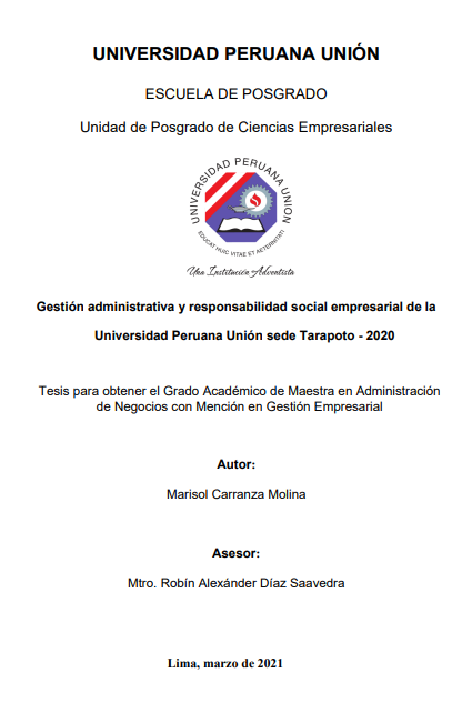 Gestión administrativa y responsabilidad social empresarial de la Universidad Peruana Unión sede Tarapoto - 2020