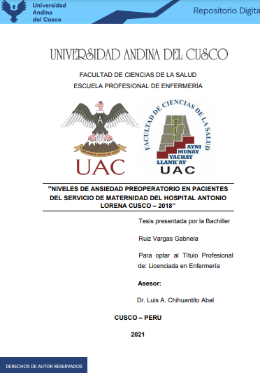 Niveles de ansiedad preoperatorio en pacientes del servicio de maternidad del Hospital Antonio Lorena Cusco - 2018
