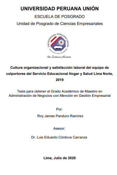 Cultura organizacional y satisfacción laboral del equipo de colportores del Servicio Educacional Hogar y Salud Lima Norte, 2019