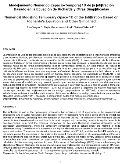 Modelamiento Numérico Espacio-Temporal 1D de la Infiltración Basado en la Ecuación de Richards y Otras Simplificadas