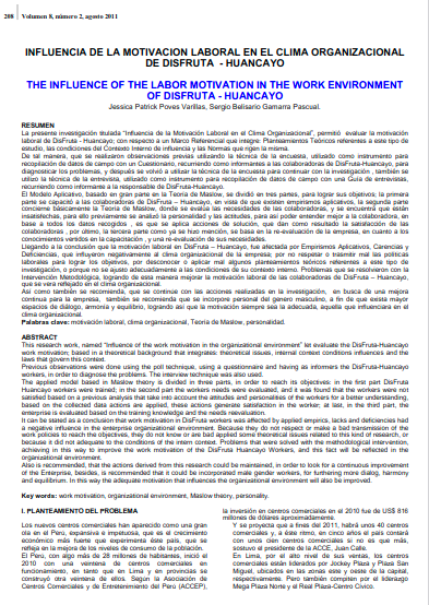 INFLUENCIA DE LA MOTIVACION LABORAL EN EL CLIMA ORGANIZACIONAL DE DISFRUTA - HUANCAYO