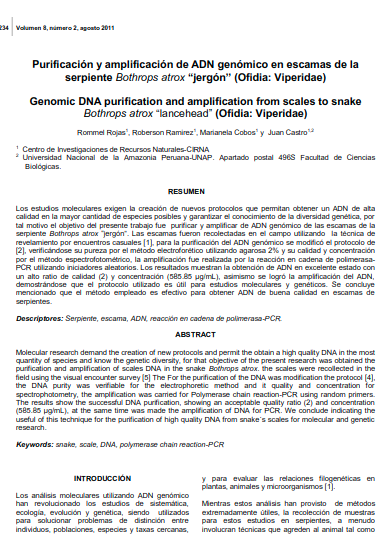 Purificación y amplificación de ADN genómico en escamas de la serpiente Bothrops atrox &quot;jergón&quot;