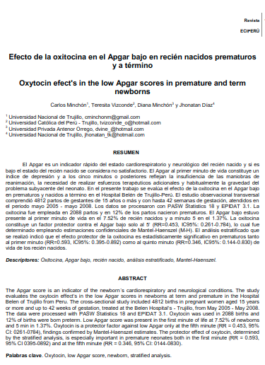Efecto de la oxitocina en el Apgar bajo en recién nacidos prematuros y a término