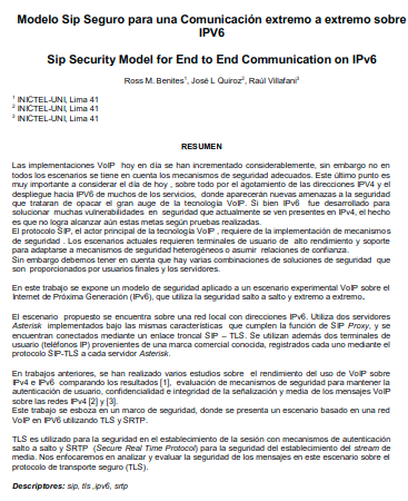 Modelo Sip Seguro para una Comunicación extremo a extremo sobre IPV6