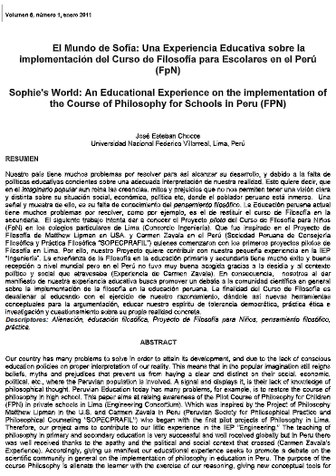 El Mundo de Sofía: Una Experiencia Educativa sobre la implementación del Curso de Filosofía para Escolares en el Perú