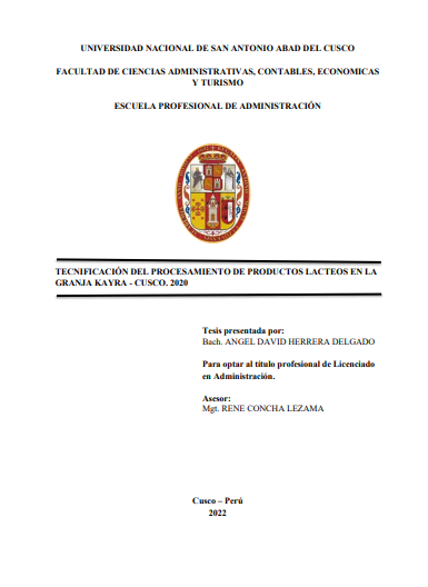 Tecnificación del procesamiento de productos Lacteos en la Granja Kayra - Cusco. 2020