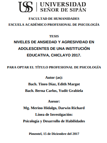 Niveles de ansiedad y agresividad en adolescentes de una institución educativa, Chiclayo 2017