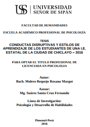 Conductas disruptivas y estilos de aprendizaje de los estudiantes de una I.E. estatal de la ciudad de Chiclayo - 2016